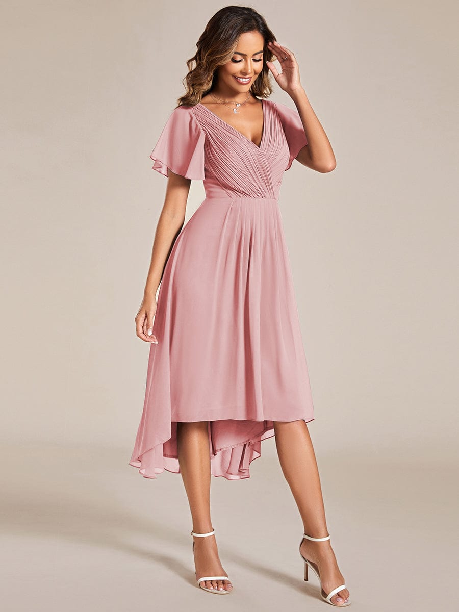 Chic V Neck Asymmetrical Hem Ruffles Sleeve Pleated Chiffon Wedding Guest Dress #color_Dusty Rose