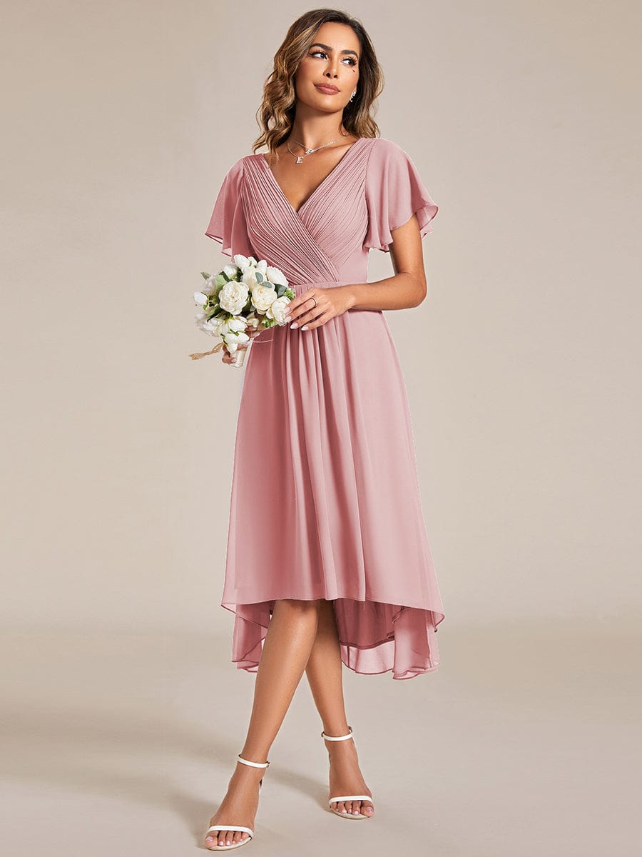 Chic V Neck Asymmetrical Hem Ruffles Sleeve Pleated Chiffon Wedding Guest Dress #color_Dusty Rose