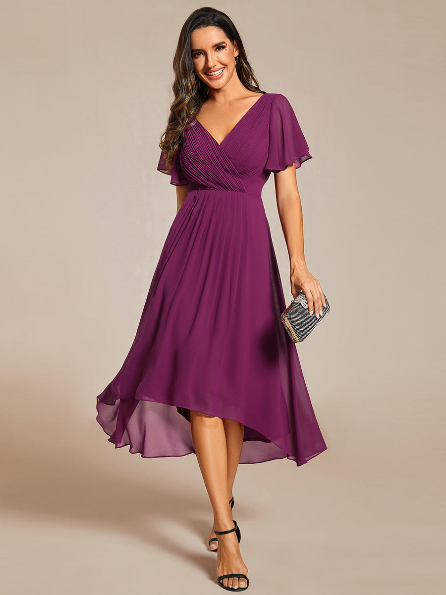 Chic V Neck High-Low Short Sleeve Wedding Guest Dress #color_Fuchsia