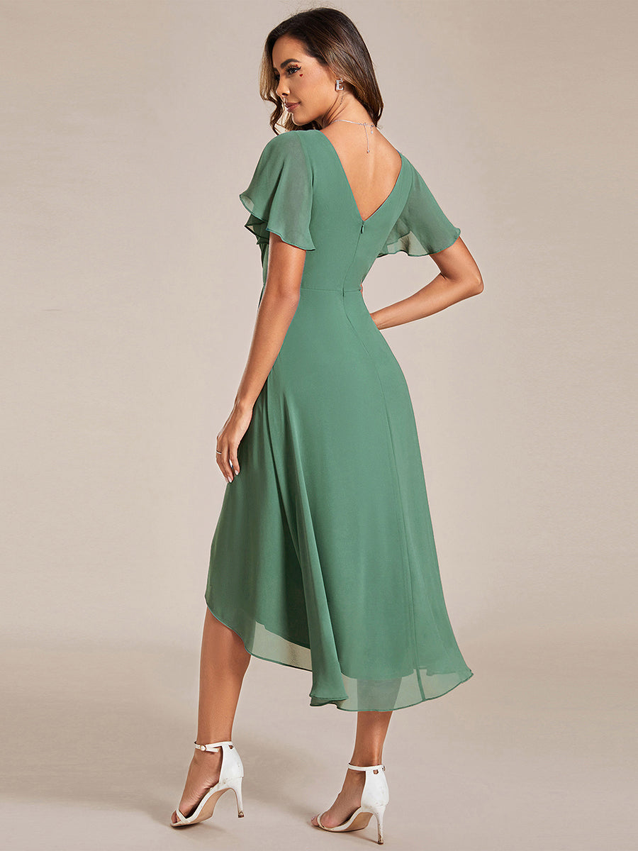 Chic V Neck High-Low Short Sleeve Wedding Guest Dress #color_Green Bean