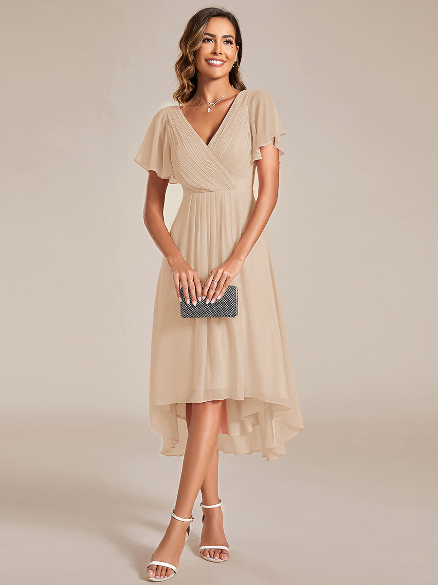 Chic V Neck High-Low Short Sleeve Wedding Guest Dress #color_Glod