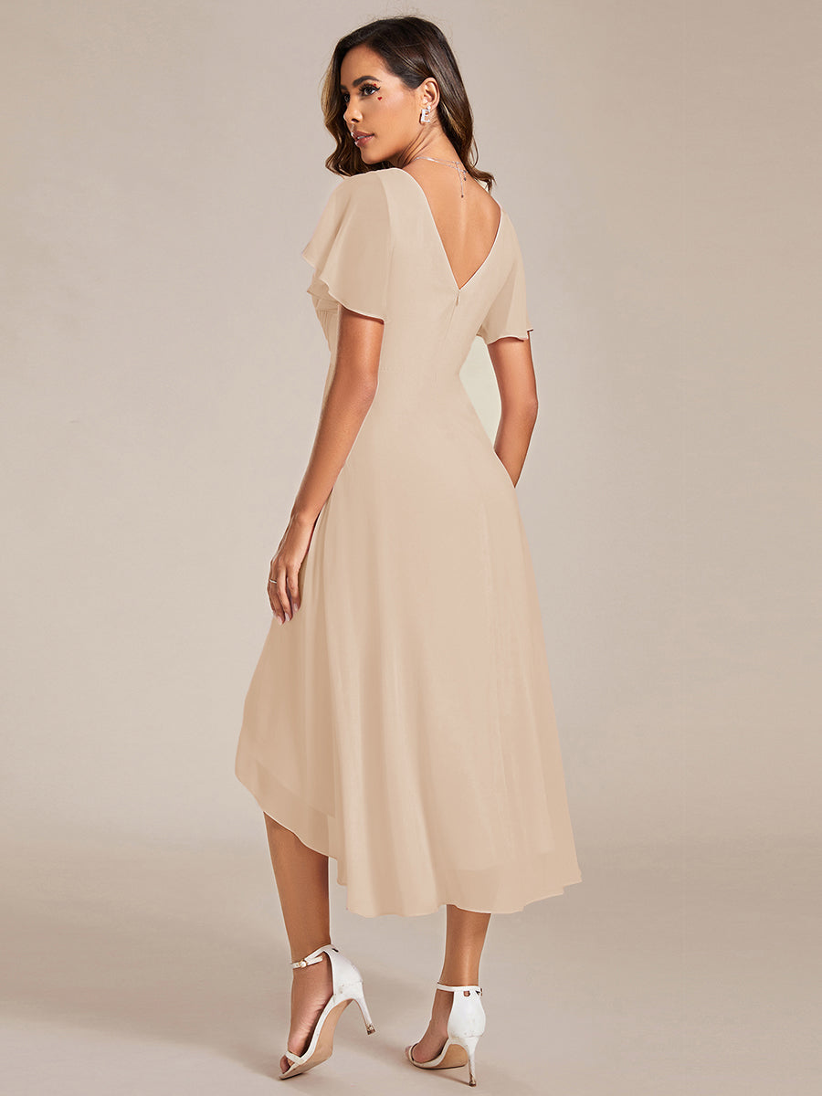 Chic V Neck High-Low Short Sleeve Wedding Guest Dress #color_Glod