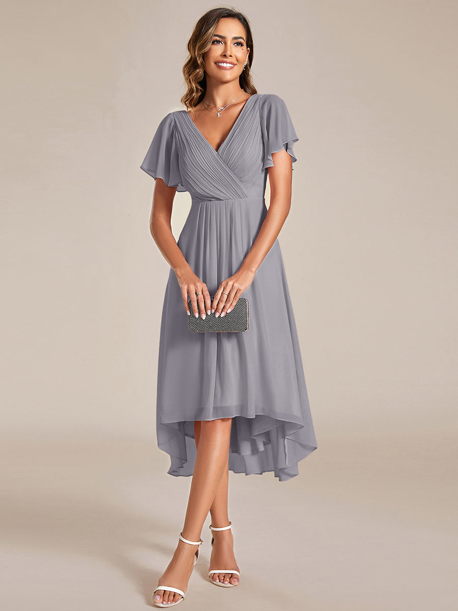 Chic V Neck High-Low Short Sleeve Wedding Guest Dress #color_Grey