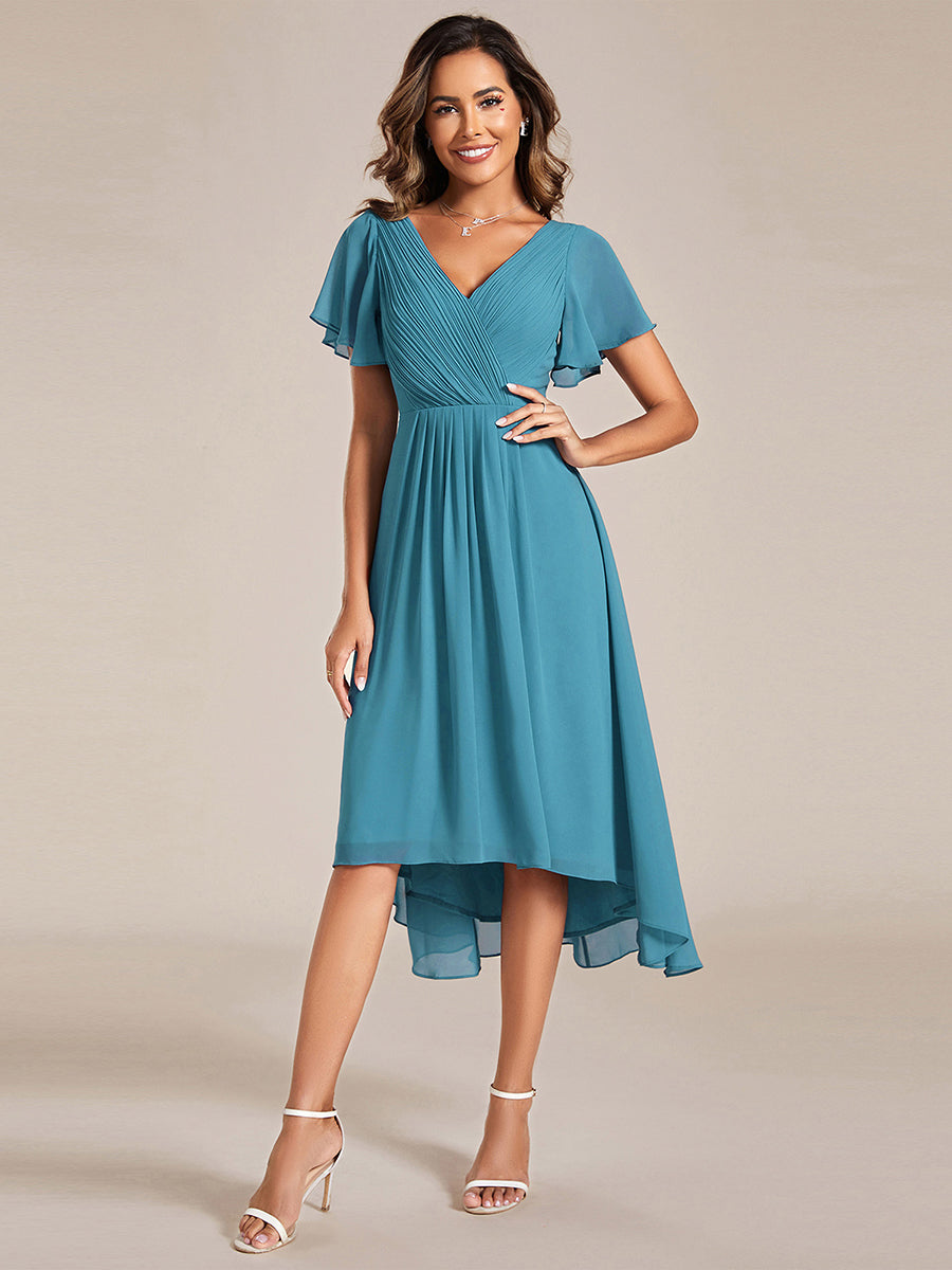 Chic V Neck High-Low Short Sleeve Wedding Guest Dress #color_Jade Blue