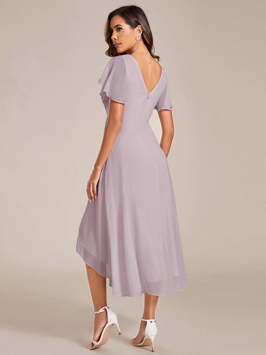 Chic V Neck High-Low Short Sleeve Wedding Guest Dress #color_Lilac