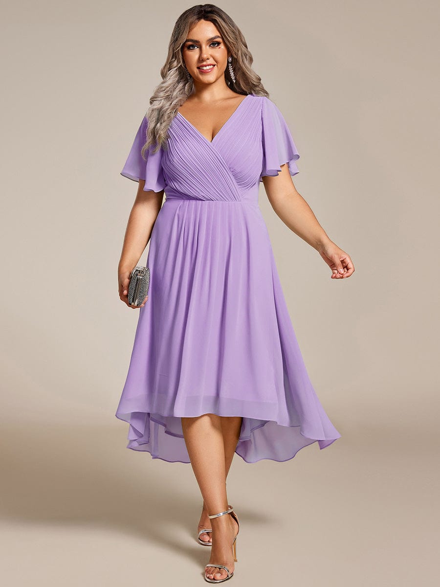 Chic V Neck Asymmetrical Hem Ruffles Sleeve Pleated Chiffon Wedding Guest Dress #color_Lavender