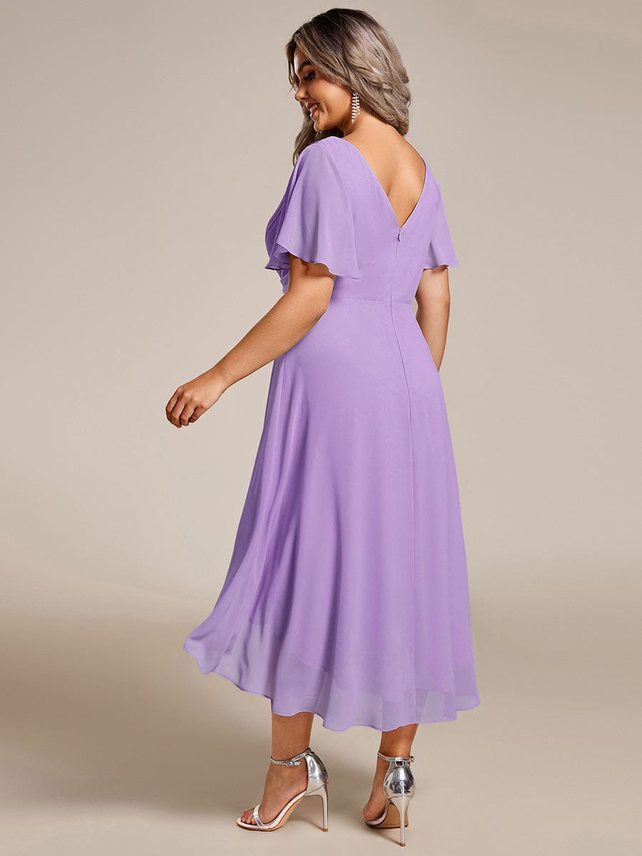 Pleated Asymmetrical Hem Ruffles Sleeve Chiffon Bridesmaid Dress #color_Lavender