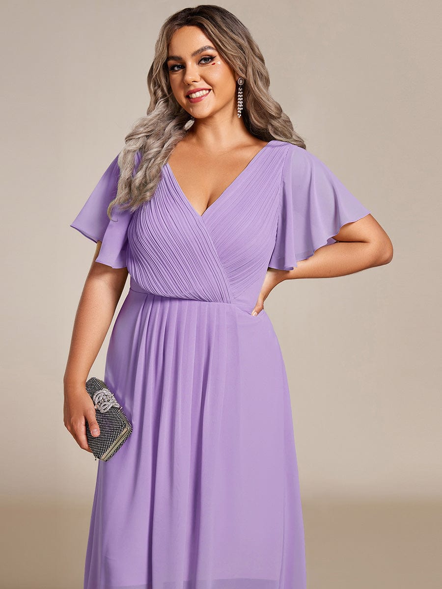 Chic V Neck Asymmetrical Hem Ruffles Sleeve Pleated Chiffon Wedding Guest Dress #color_Lavender