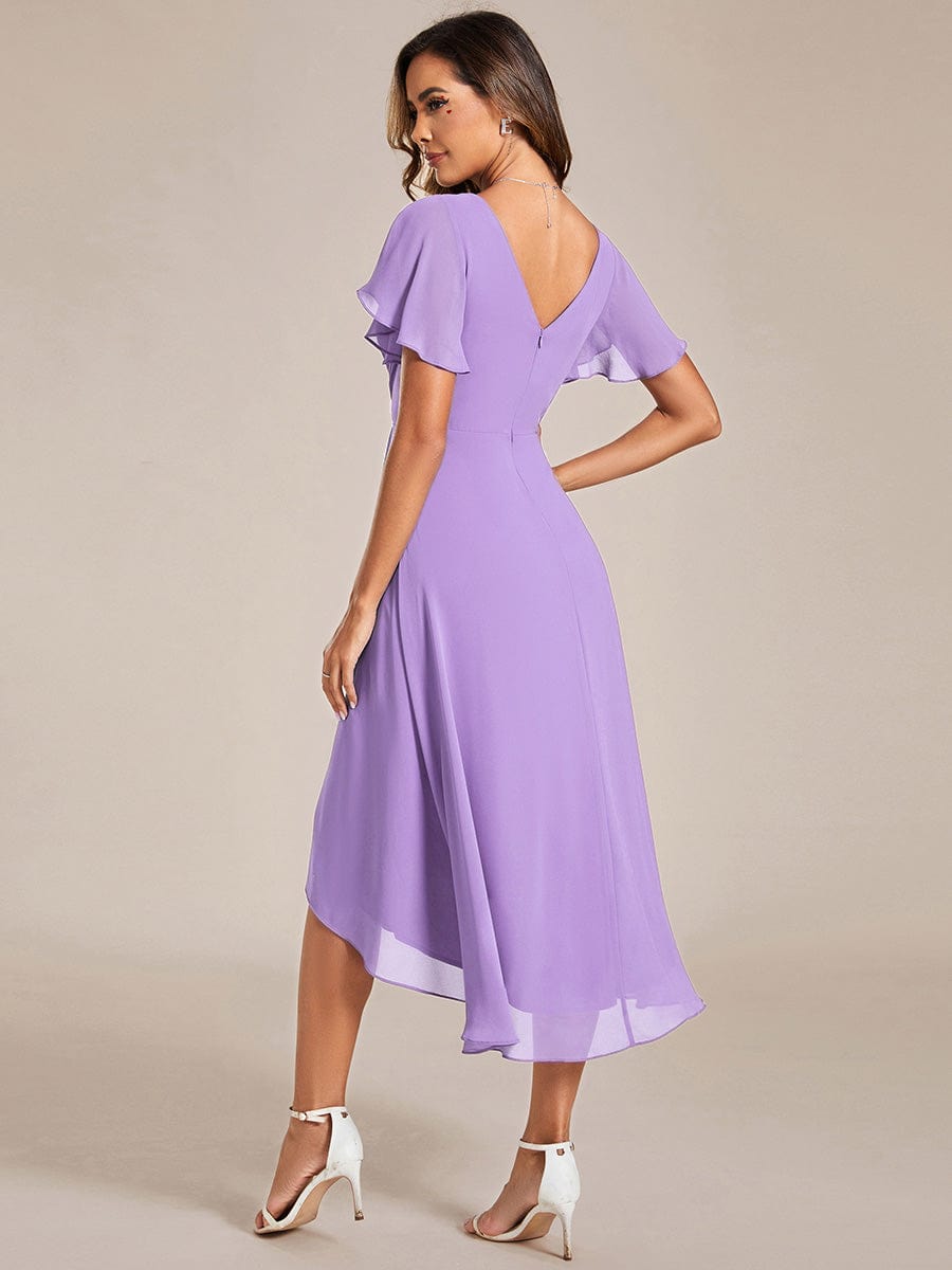 Chic V Neck Asymmetrical Hem Ruffles Sleeve Pleated Chiffon Wedding Guest Dress #color_Lavender