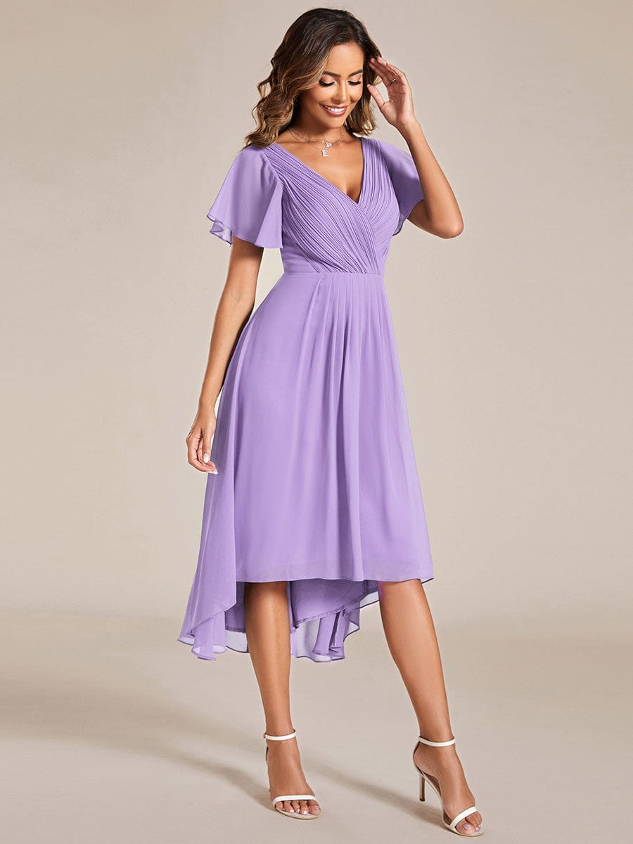 Chic V Neck Asymmetrical Hem Ruffles Sleeve Pleated Chiffon Wedding Guest Dress #color_Lavender