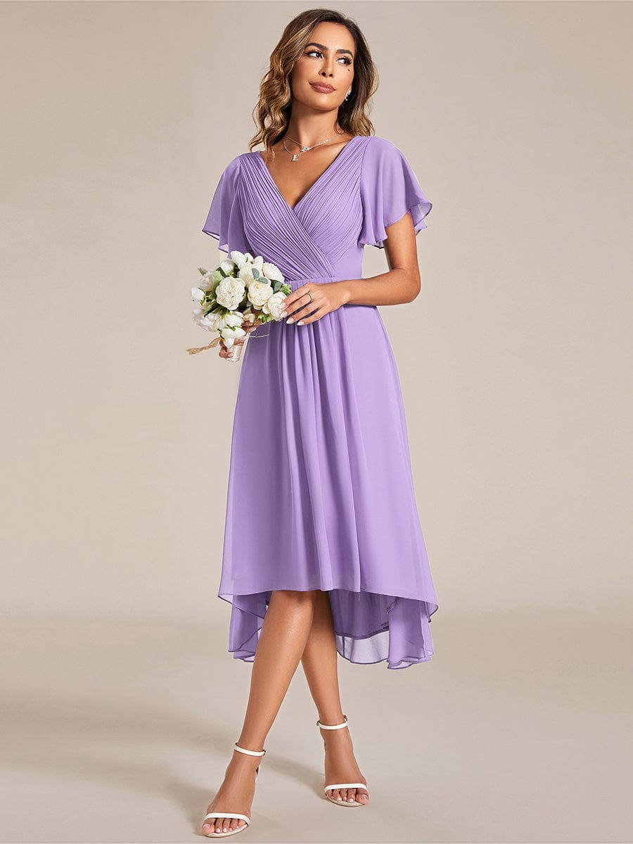 Chic V Neck Asymmetrical Hem Ruffles Sleeve Pleated Chiffon Wedding Guest Dress #color_Lavender