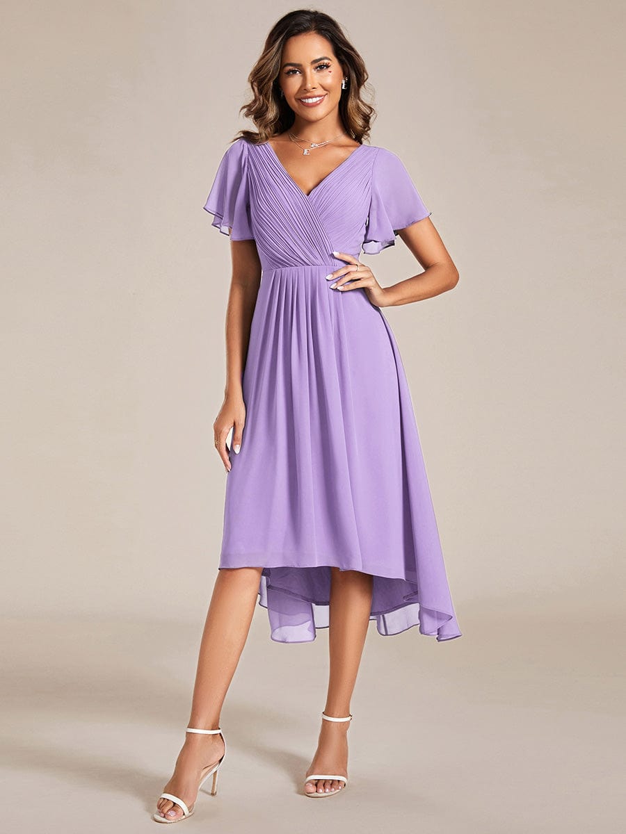 Pleated Asymmetrical Hem Ruffles Sleeve Chiffon Bridesmaid Dress #color_Lavender