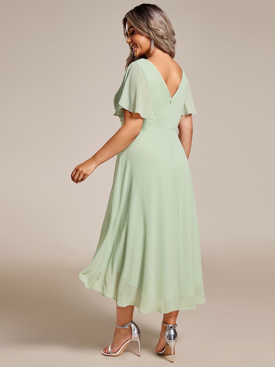 Custom Size Chic V Neck Asymmetrical Hem Ruffles Sleeve Pleated Chiffon Wedding Guest Dress #color_Mint Green