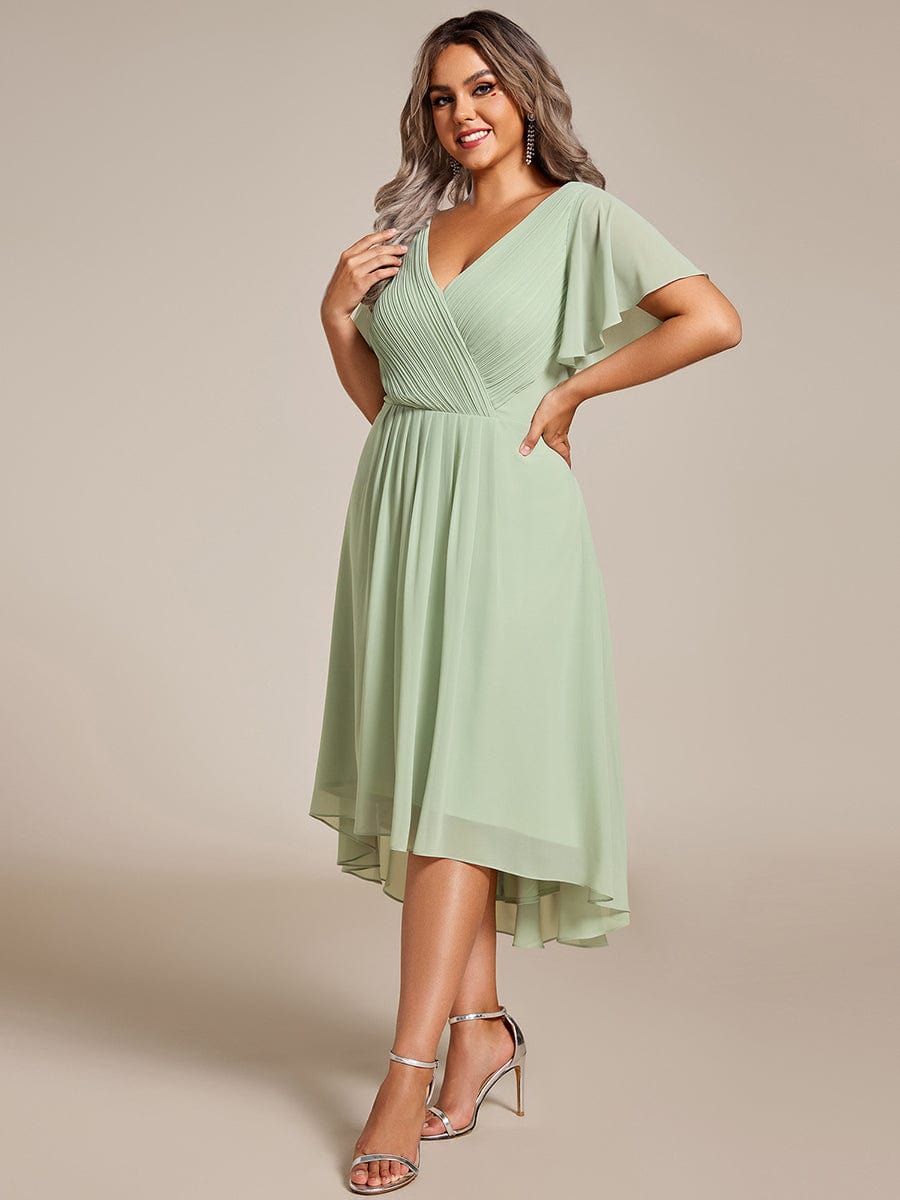 Custom Size Chic V Neck Asymmetrical Hem Ruffles Sleeve Pleated Chiffon Wedding Guest Dress #color_Mint Green