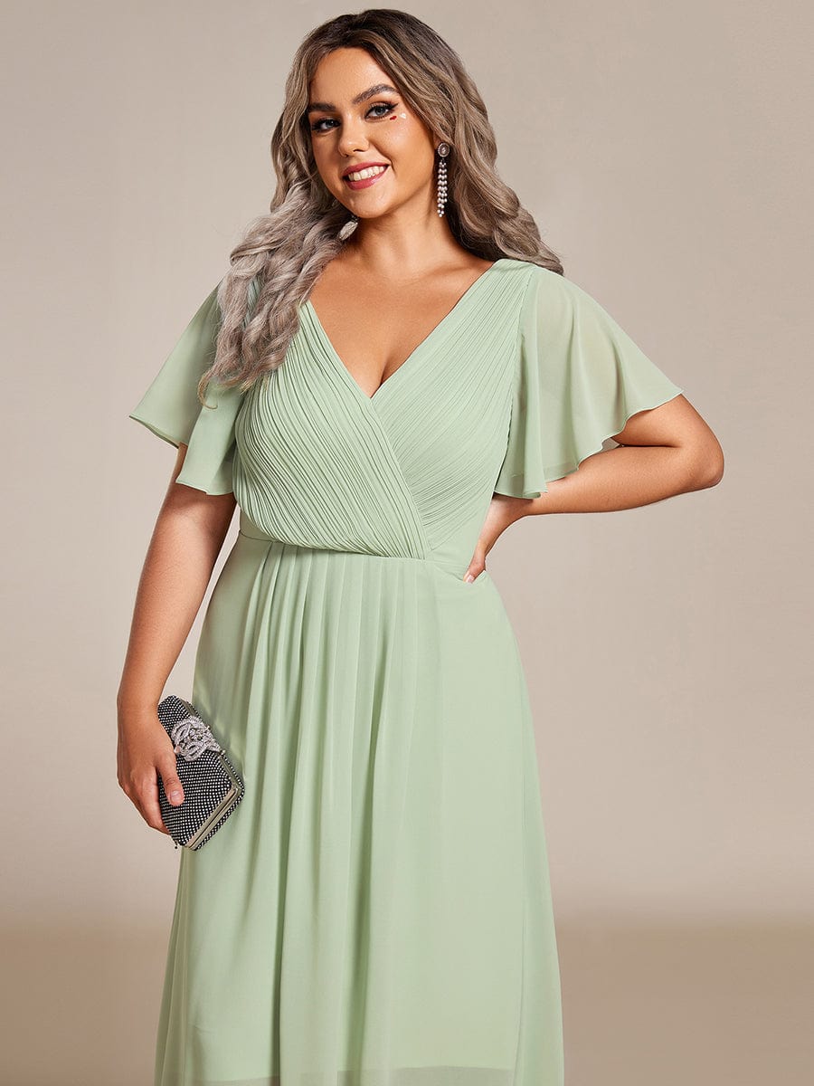 Custom Size Chic V Neck Asymmetrical Hem Ruffles Sleeve Pleated Chiffon Wedding Guest Dress #color_Mint Green