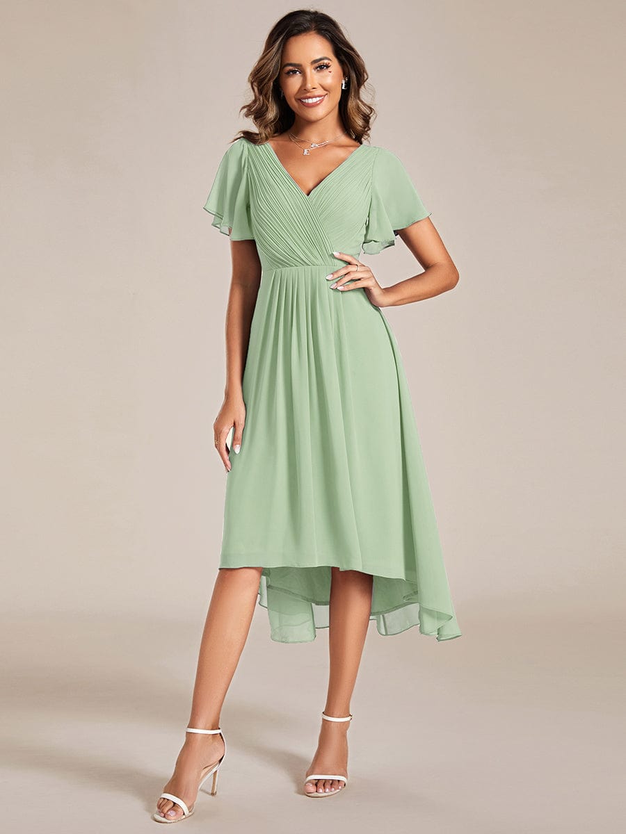 Custom Size Chic V Neck Asymmetrical Hem Ruffles Sleeve Pleated Chiffon Wedding Guest Dress #color_Mint Green