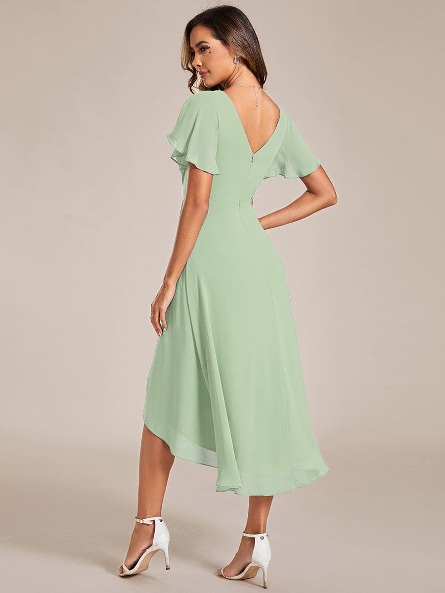 Custom Size Chic V Neck Asymmetrical Hem Ruffles Sleeve Pleated Chiffon Wedding Guest Dress #color_Mint Green