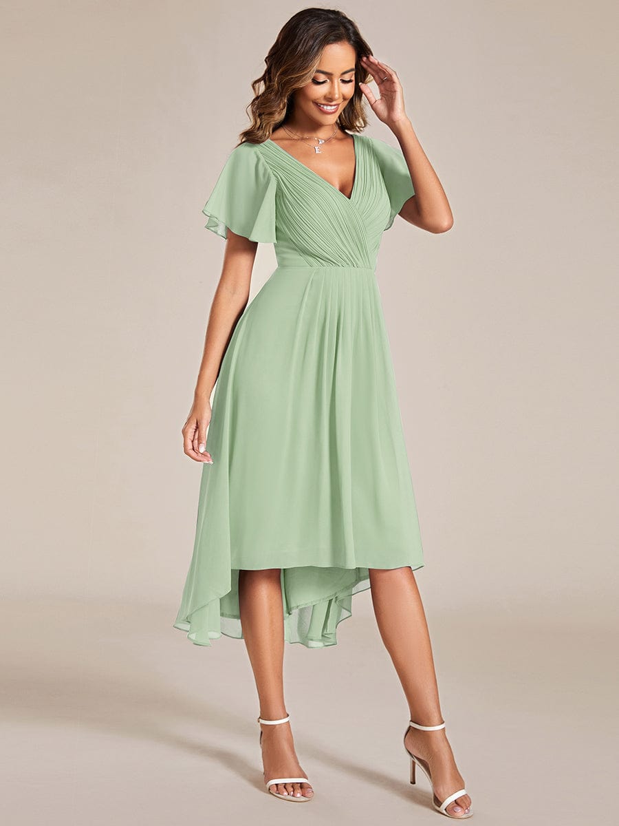 Custom Size Chic V Neck Asymmetrical Hem Ruffles Sleeve Pleated Chiffon Wedding Guest Dress #color_Mint Green