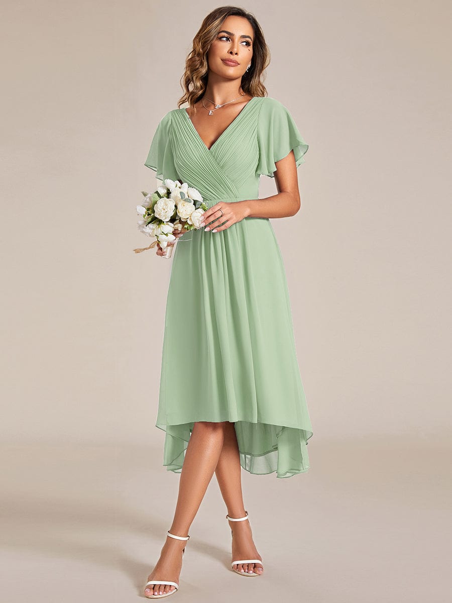 Custom Size Chic V Neck Asymmetrical Hem Ruffles Sleeve Pleated Chiffon Wedding Guest Dress #color_Mint Green