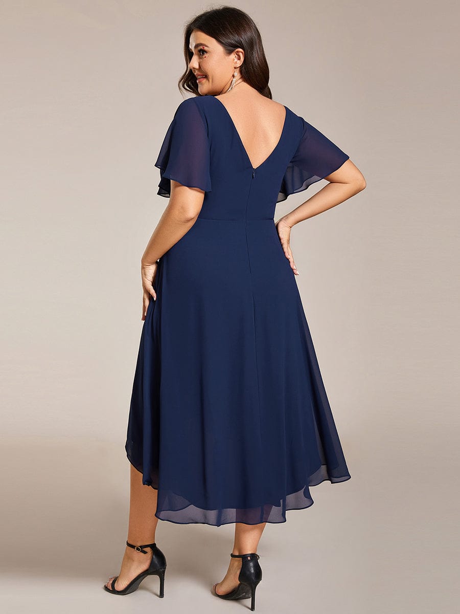 Pleated Asymmetrical Hem Ruffles Sleeve Chiffon Bridesmaid Dress #color_Navy Blue