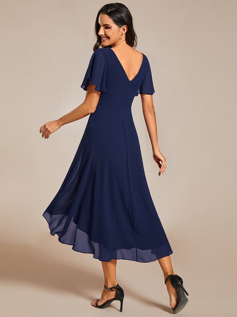 Custom Size Chic V Neck Asymmetrical Hem Ruffles Sleeve Pleated Chiffon Wedding Guest Dress #color_Navy Blue