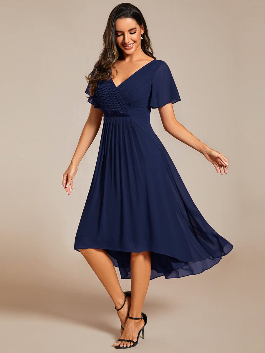 Custom Size Chic V Neck Asymmetrical Hem Ruffles Sleeve Pleated Chiffon Wedding Guest Dress #color_Navy Blue