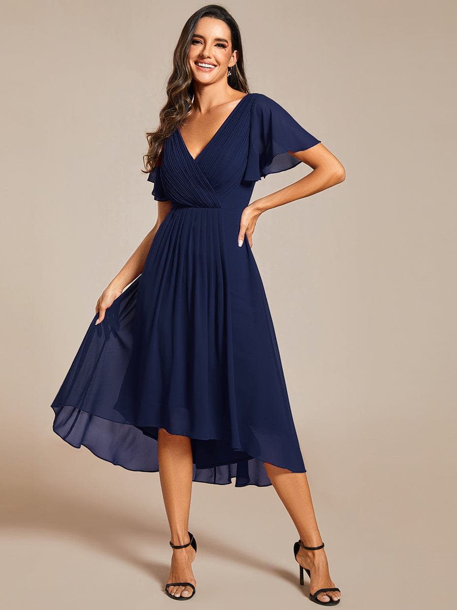 Custom Size Chic V Neck Asymmetrical Hem Ruffles Sleeve Pleated Chiffon Wedding Guest Dress #color_Navy Blue