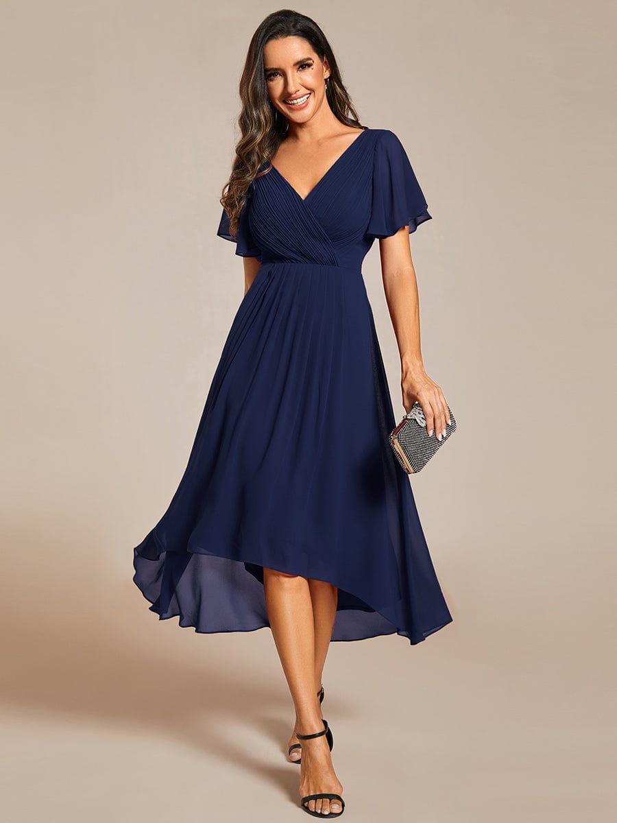 Custom Size Chic V Neck Asymmetrical Hem Ruffles Sleeve Pleated Chiffon Wedding Guest Dress #color_Navy Blue