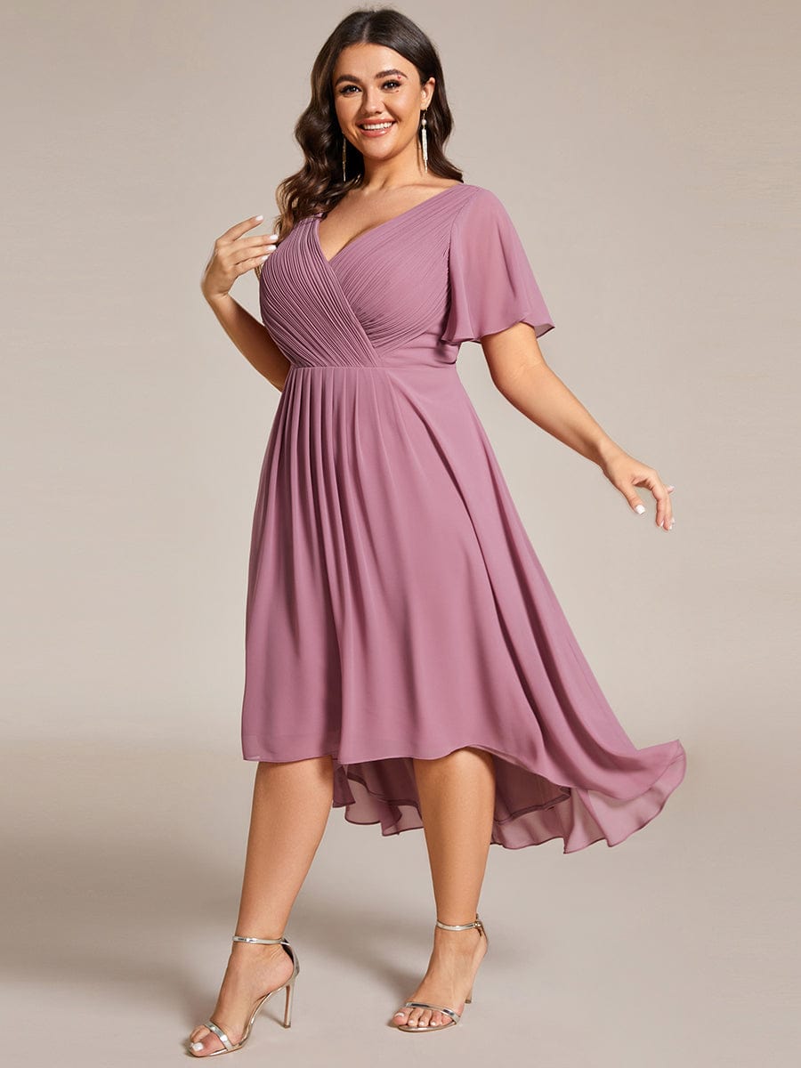 Chic V Neck Asymmetrical Hem Ruffles Sleeve Pleated Chiffon Wedding Guest Dress #color_Purple Orchid