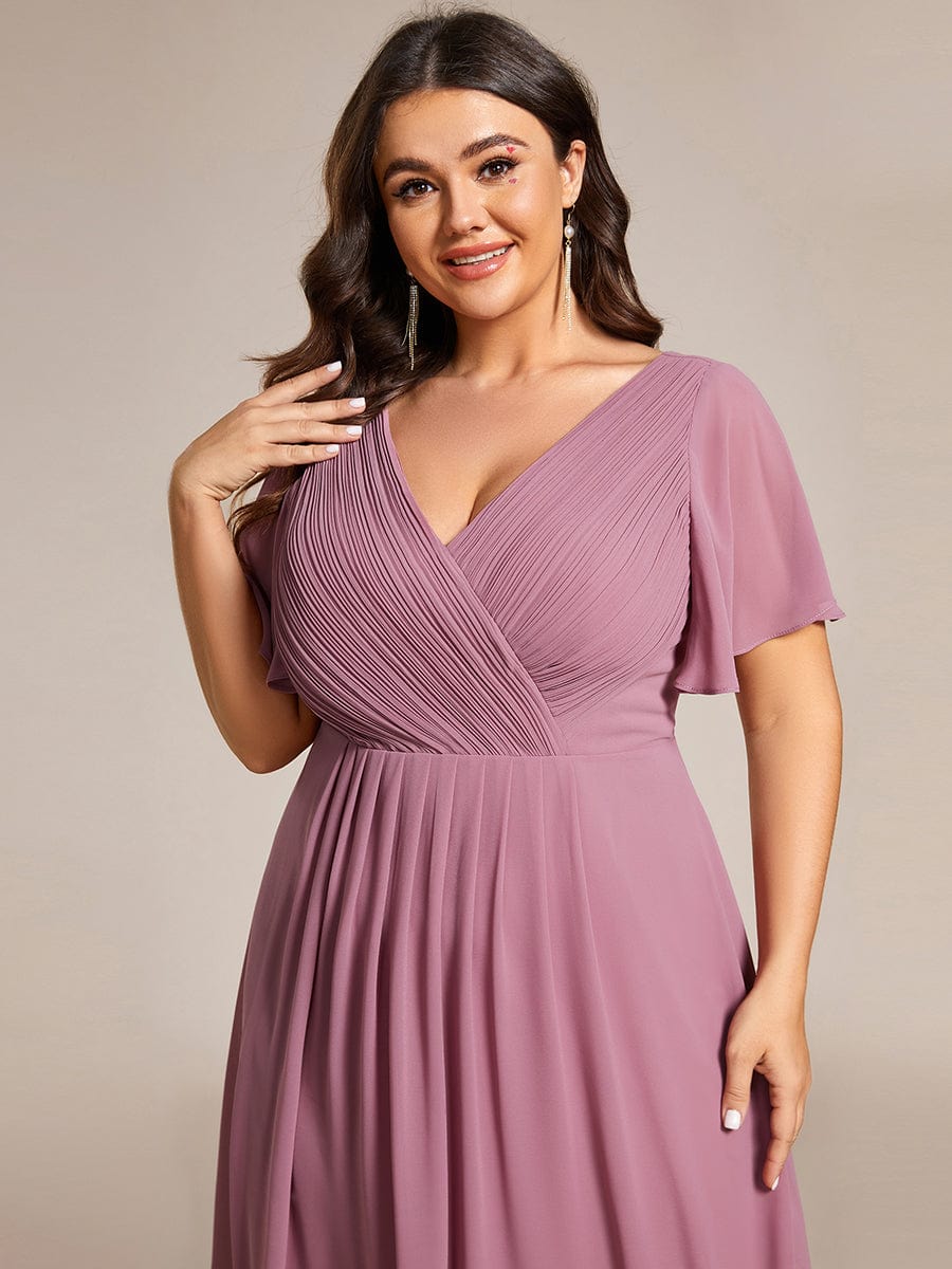 Chic V Neck Asymmetrical Hem Ruffles Sleeve Pleated Chiffon Wedding Guest Dress #color_Purple Orchid