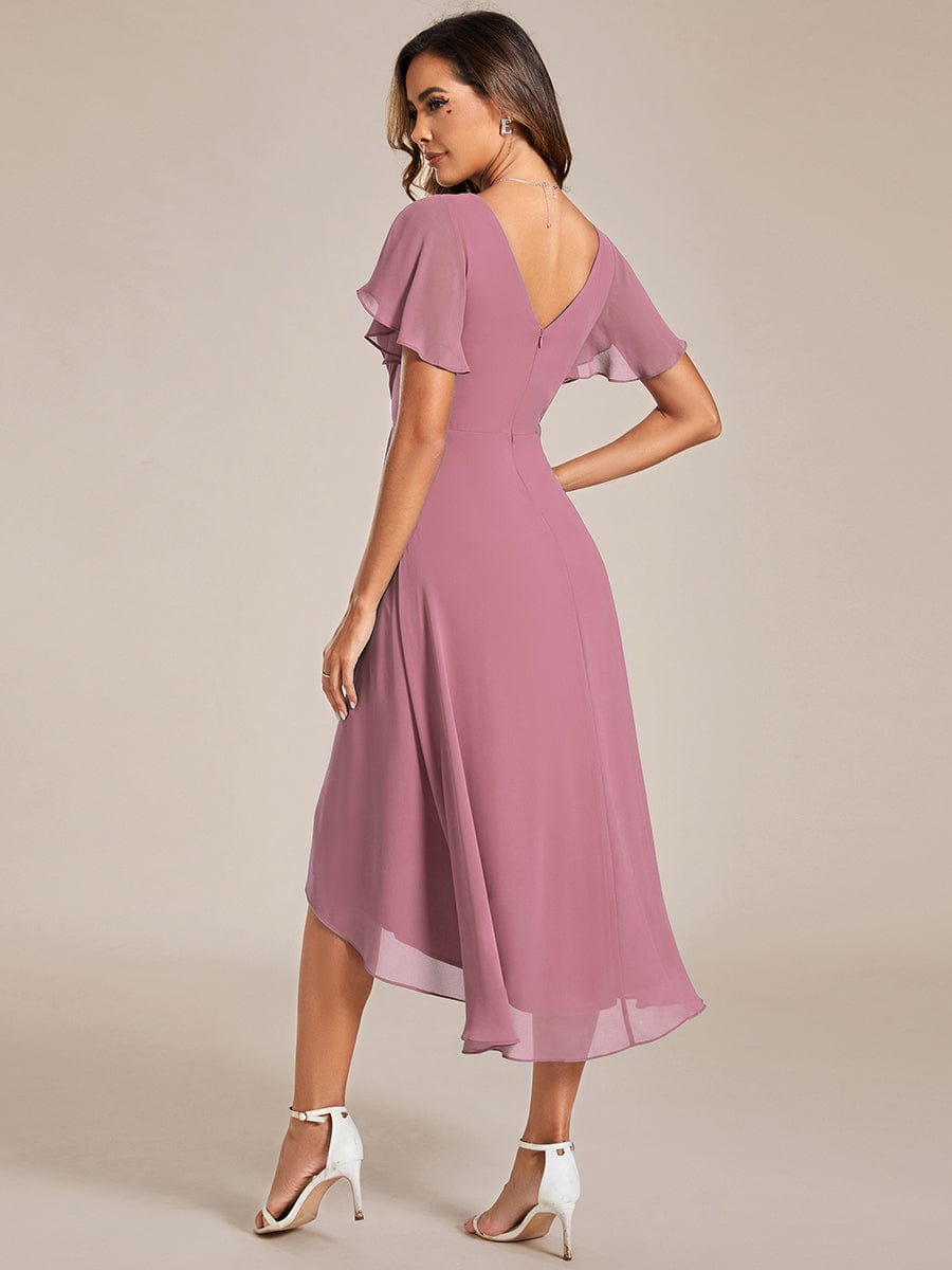 Chic V Neck Asymmetrical Hem Ruffles Sleeve Pleated Chiffon Wedding Guest Dress #color_Purple Orchid