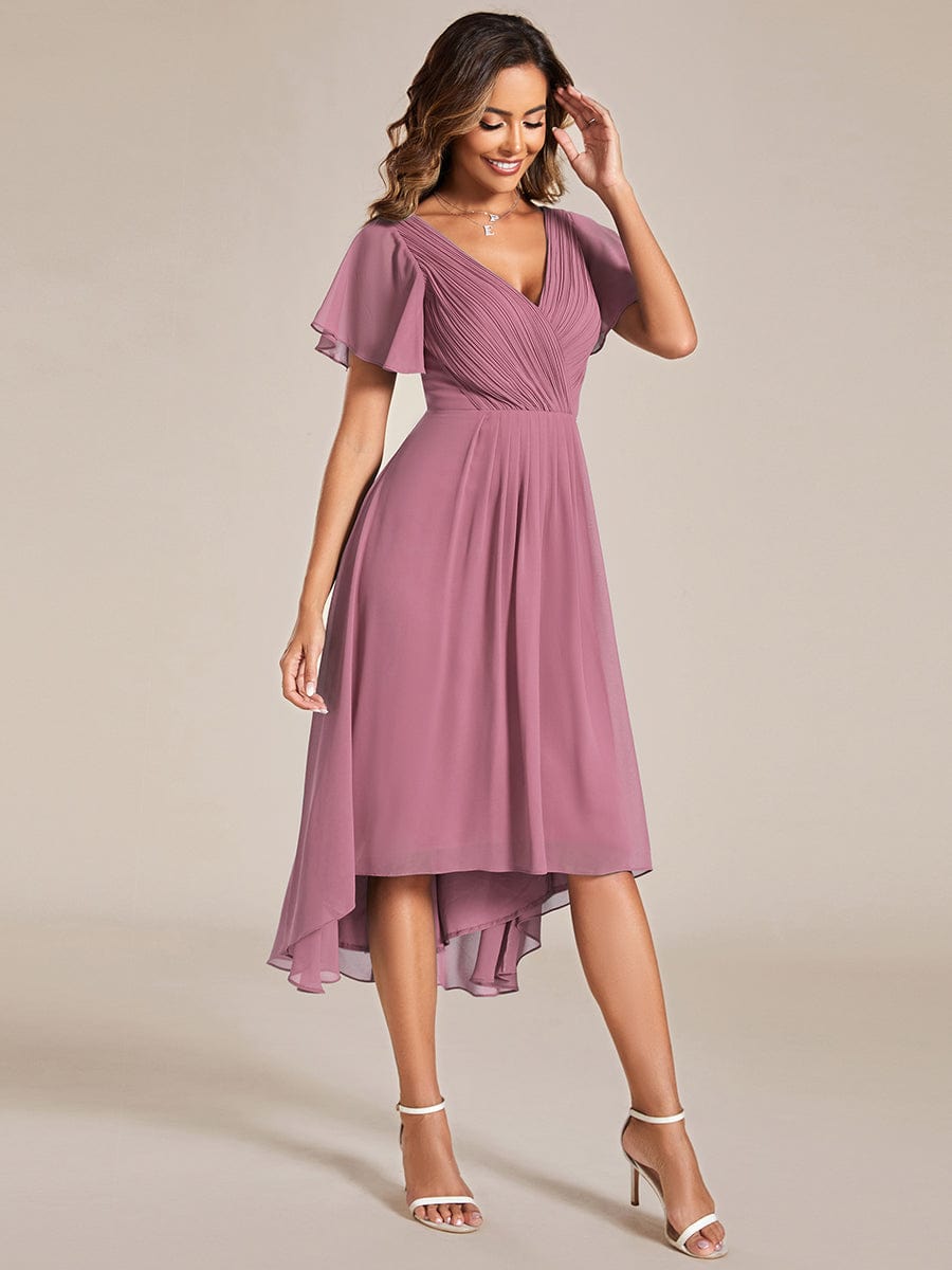 Custom Size Chic V Neck Asymmetrical Hem Ruffles Sleeve Pleated Chiffon Wedding Guest Dress #color_Purple Orchid