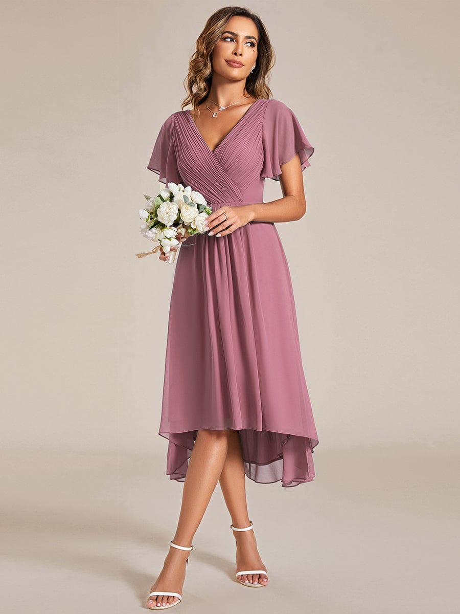 Custom Size Chic V Neck Asymmetrical Hem Ruffles Sleeve Pleated Chiffon Wedding Guest Dress #color_Purple Orchid