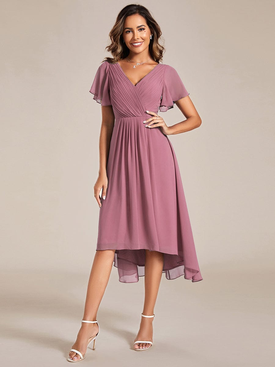 Custom Size Chic V Neck Asymmetrical Hem Ruffles Sleeve Pleated Chiffon Wedding Guest Dress #color_Purple Orchid