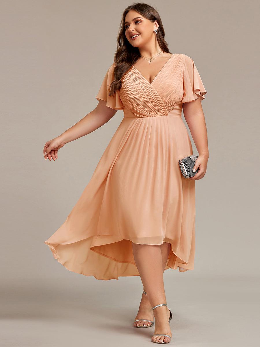 Chic V Neck Asymmetrical Hem Ruffles Sleeve Pleated Chiffon Wedding Guest Dress #color_Peach