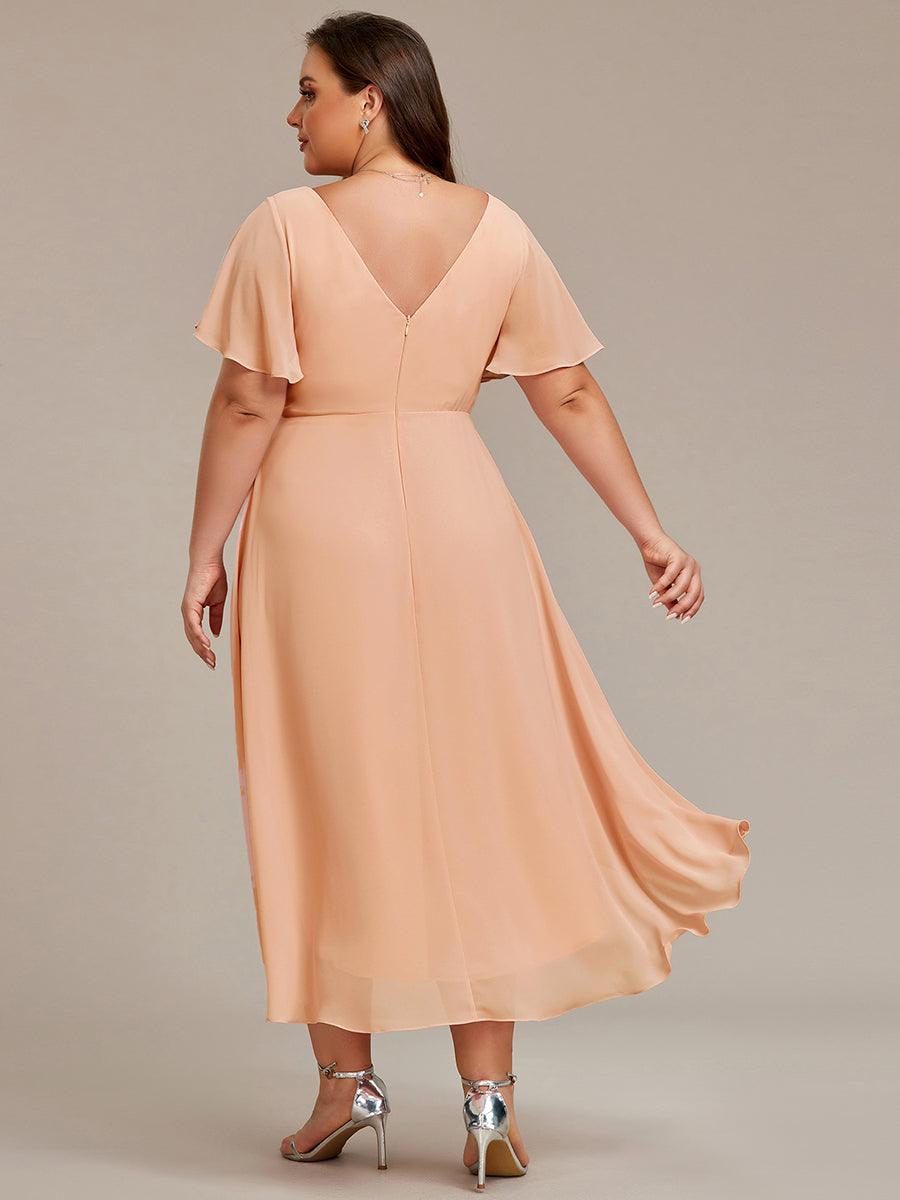 Chic V Neck Asymmetrical Hem Ruffles Sleeve Pleated Chiffon Wedding Guest Dress #color_Peach