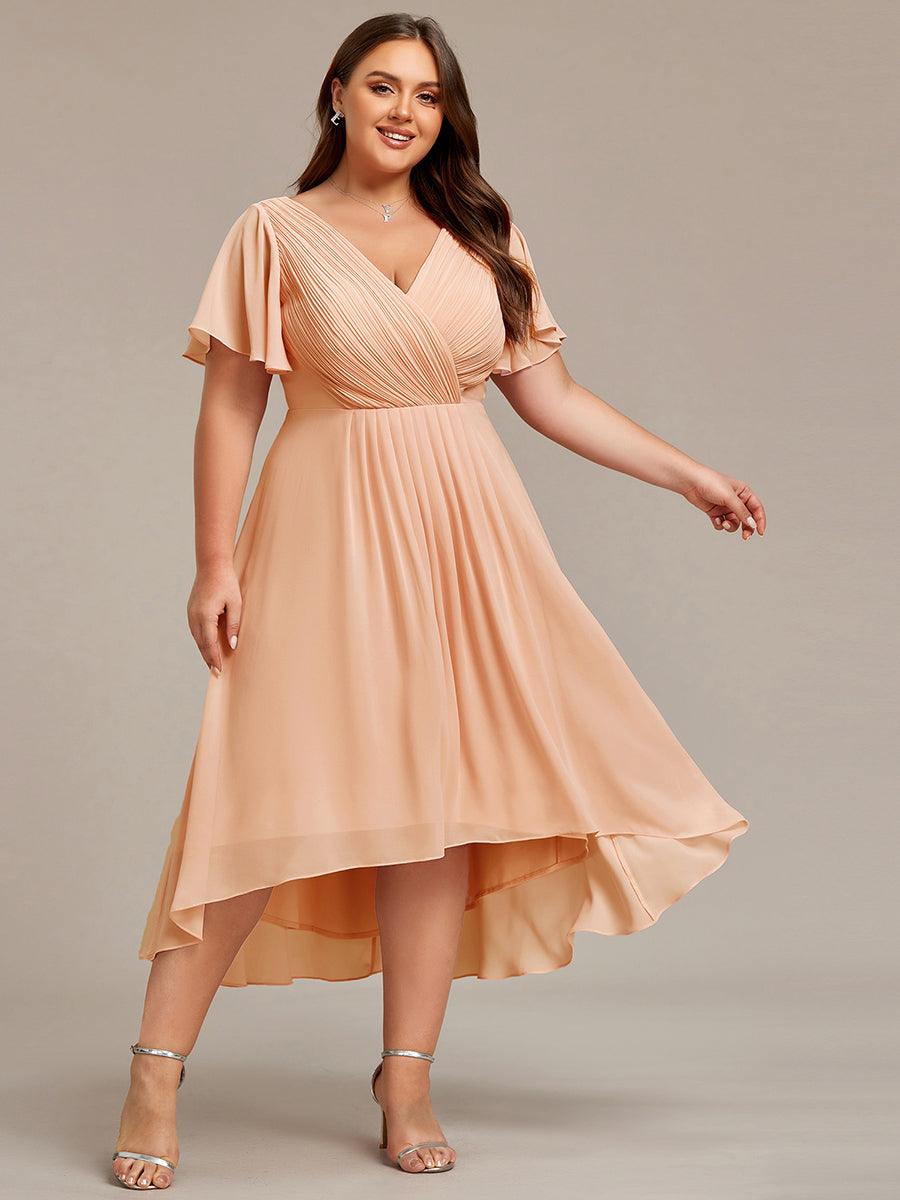 Chic V Neck Asymmetrical Hem Ruffles Sleeve Pleated Chiffon Wedding Guest Dress #color_Peach