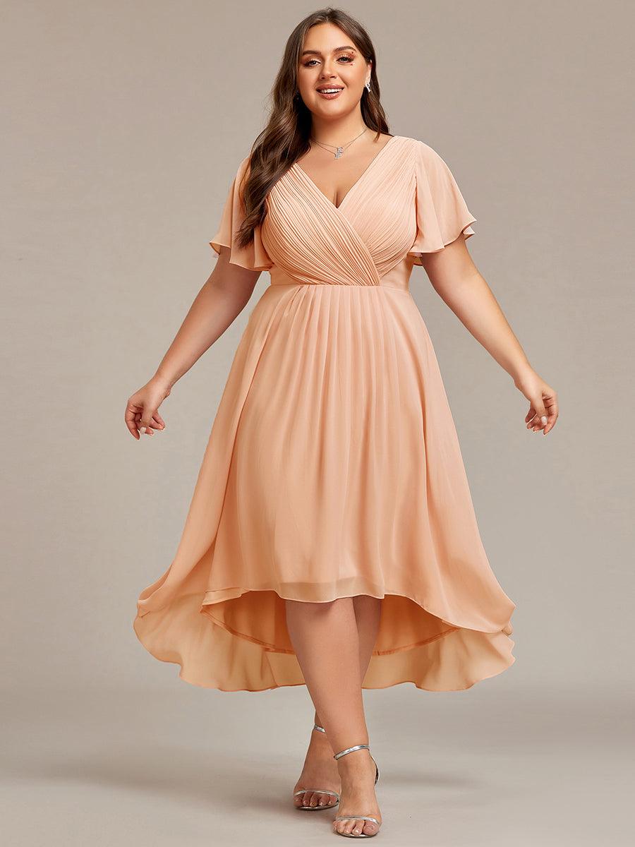 Chic V Neck Asymmetrical Hem Ruffles Sleeve Pleated Chiffon Wedding Guest Dress #color_Peach