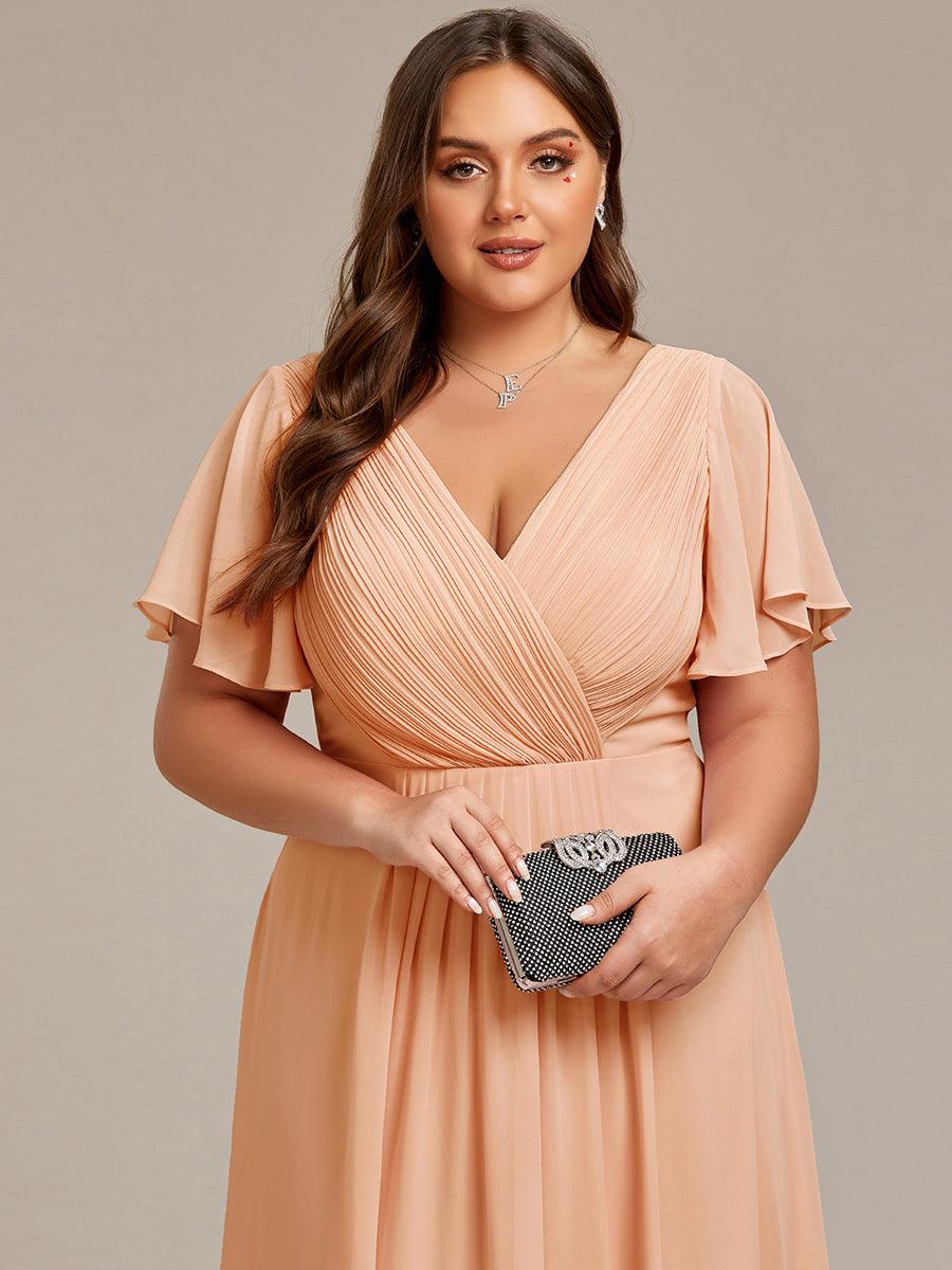 Chic V Neck Asymmetrical Hem Ruffles Sleeve Pleated Chiffon Wedding Guest Dress #color_Peach