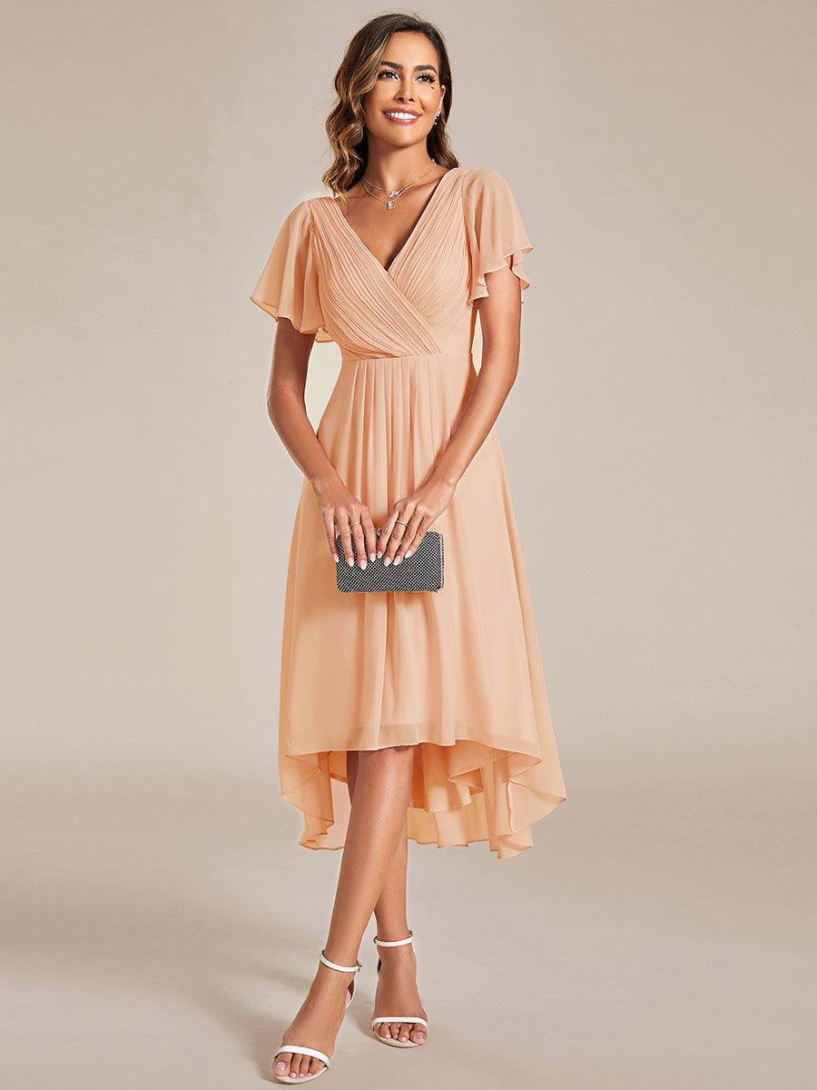 Chic V Neck Asymmetrical Hem Ruffles Sleeve Pleated Chiffon Wedding Guest Dress #color_Peach