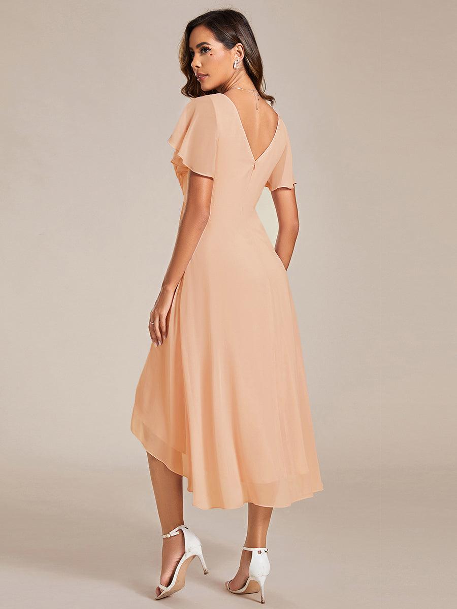 Chic V Neck Asymmetrical Hem Ruffles Sleeve Pleated Chiffon Wedding Guest Dress #color_Peach