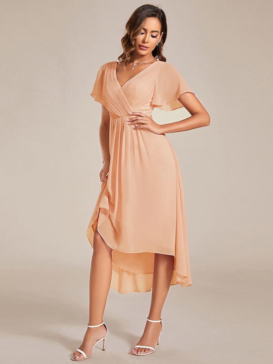 Chic V Neck Asymmetrical Hem Ruffles Sleeve Pleated Chiffon Wedding Guest Dress #color_Peach