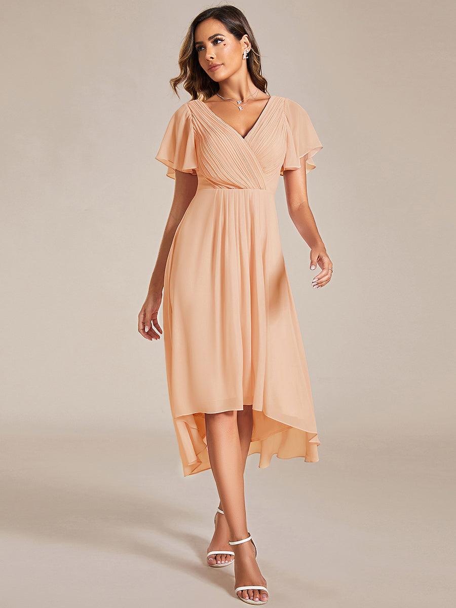 Chic V Neck Asymmetrical Hem Ruffles Sleeve Pleated Chiffon Wedding Guest Dress #color_Peach