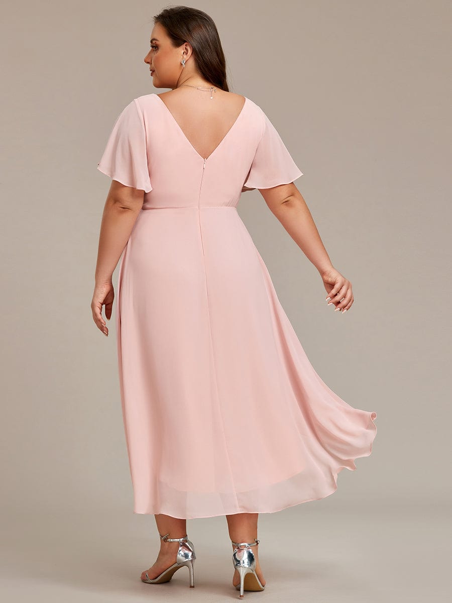 Custom Size Chic V Neck Asymmetrical Hem Ruffles Sleeve Pleated Chiffon Wedding Guest Dress #color_Pink