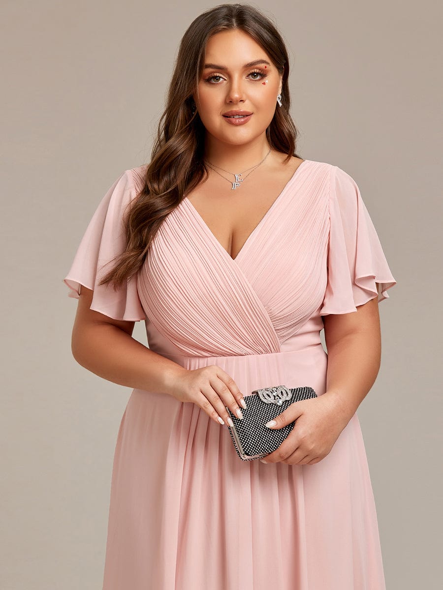 Custom Size Chic V Neck Asymmetrical Hem Ruffles Sleeve Pleated Chiffon Wedding Guest Dress #color_Pink