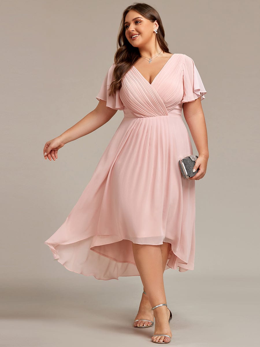 Custom Size Chic V Neck Asymmetrical Hem Ruffles Sleeve Pleated Chiffon Wedding Guest Dress #color_Pink