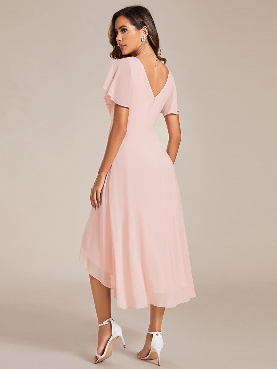 Custom Size Chic V Neck Asymmetrical Hem Ruffles Sleeve Pleated Chiffon Wedding Guest Dress #color_Pink