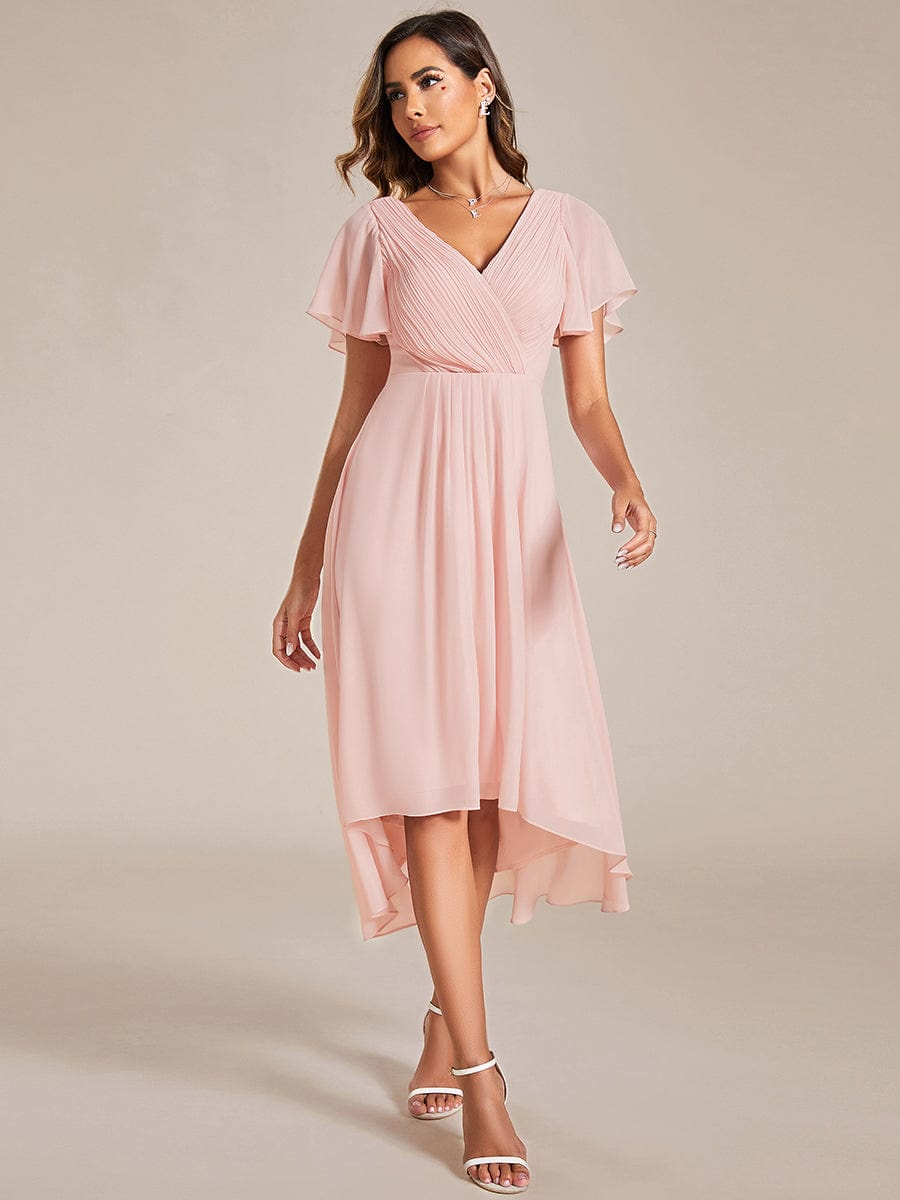 Custom Size Chic V Neck Asymmetrical Hem Ruffles Sleeve Pleated Chiffon Wedding Guest Dress #color_Pink