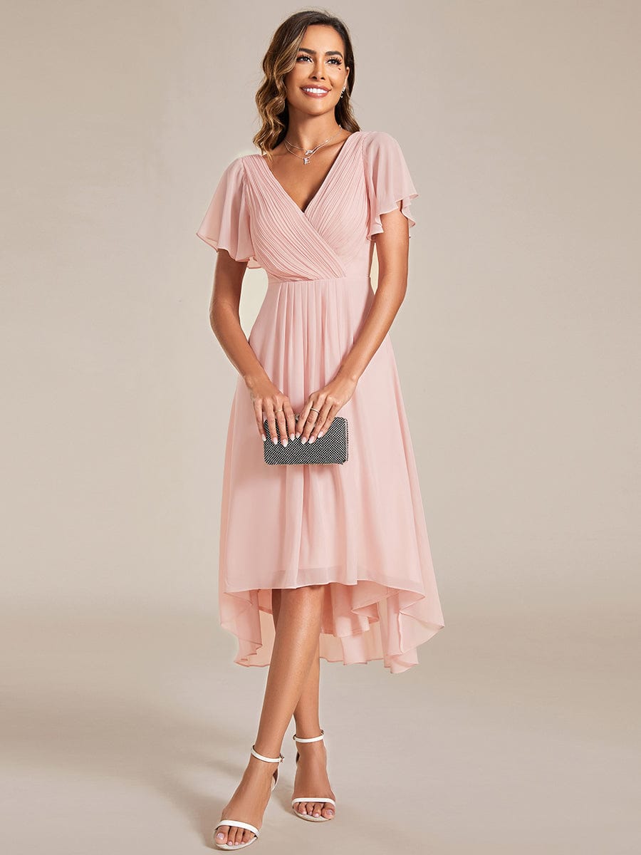 Pleated Asymmetrical Hem Ruffles Sleeve Chiffon Bridesmaid Dress #color_Pink