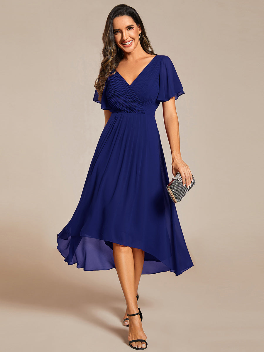 Chic V Neck High-Low Short Sleeve Wedding Guest Dress #color_Royal Blue